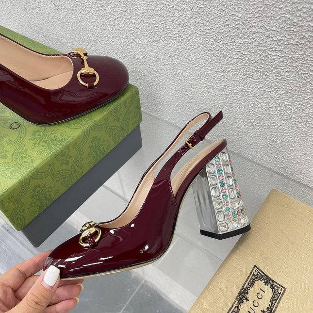 GG WOMEN'S HORSEBIT SLINGBACK 95MM IN WINE RED CALFSKIN WITH RHINSTONES
