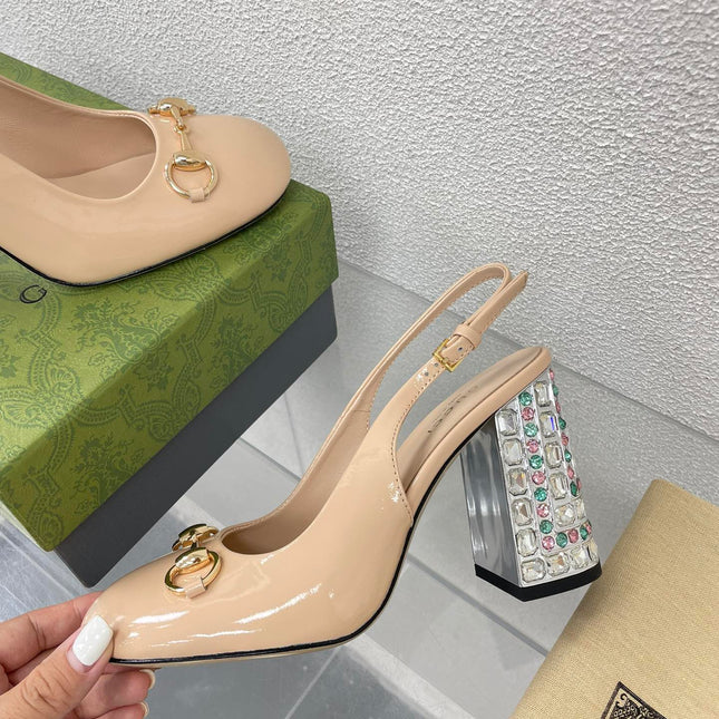 GG WOMEN'S HORSEBIT SLINGBACK 95MM IN TAN BEIGE CALFSKIN WITH RHINSTONES