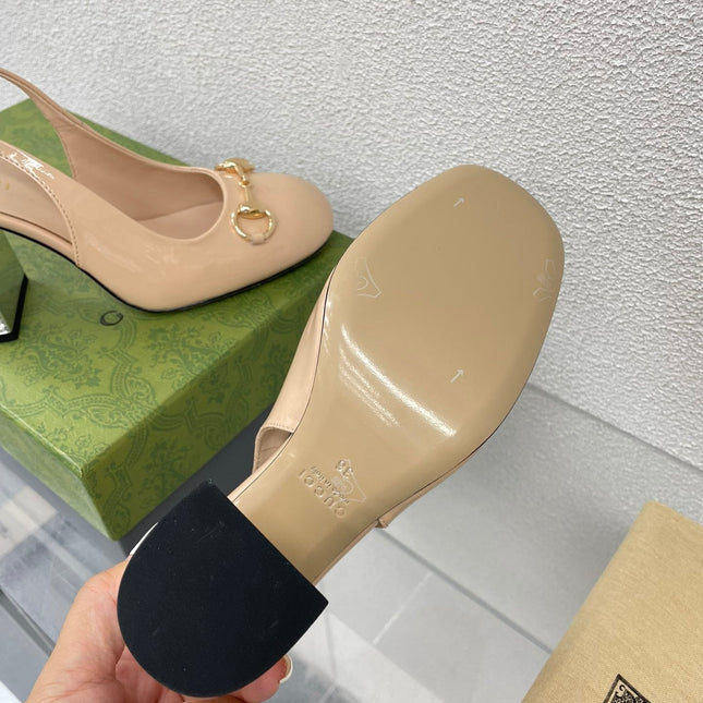 GG WOMEN'S HORSEBIT SLINGBACK 95MM IN TAN BEIGE CALFSKIN WITH RHINSTONES