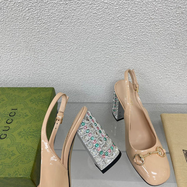 GG WOMEN'S HORSEBIT SLINGBACK 95MM IN TAN BEIGE CALFSKIN WITH RHINSTONES