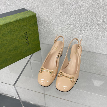 GG WOMEN'S HORSEBIT SLINGBACK 75MM IN TAN BEIGE CALFSKIN