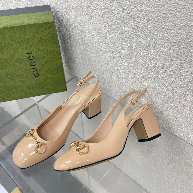 GG WOMEN'S HORSEBIT SLINGBACK 75MM IN TAN BEIGE CALFSKIN