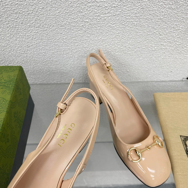 GG WOMEN'S HORSEBIT SLINGBACK 75MM IN TAN BEIGE CALFSKIN