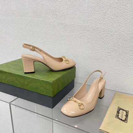 GG WOMEN'S HORSEBIT SLINGBACK 75MM IN TAN BEIGE CALFSKIN