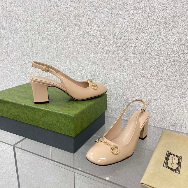 GG WOMEN'S HORSEBIT SLINGBACK 75MM IN TAN BEIGE CALFSKIN