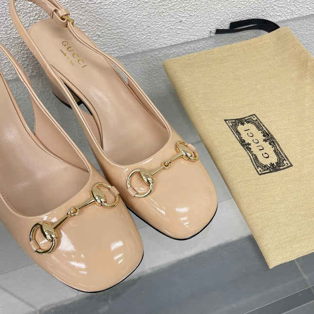 GG WOMEN'S HORSEBIT SLINGBACK 75MM IN TAN BEIGE CALFSKIN