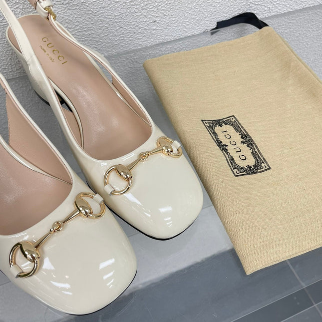 GG WOMEN'S HORSEBIT SLINGBACK 75MM IN WHITE CALFSKIN