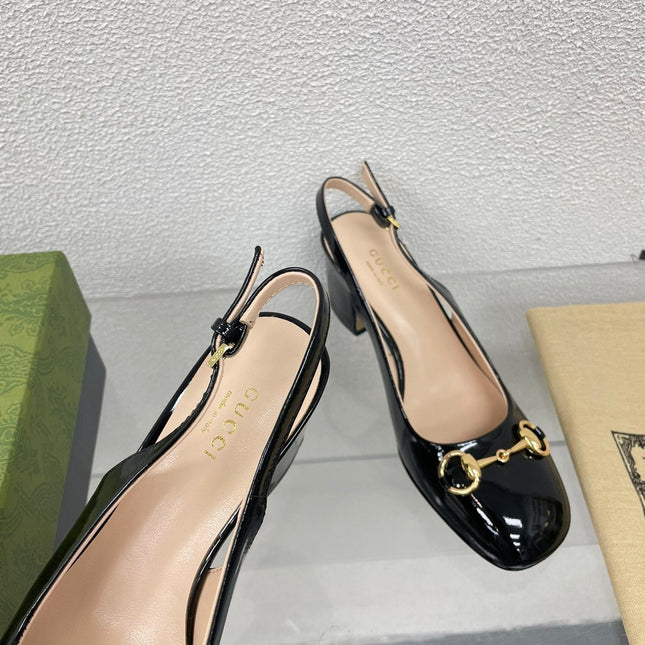 GG WOMEN'S HORSEBIT SLINGBACK 75MM IN BLACK CALFSKIN