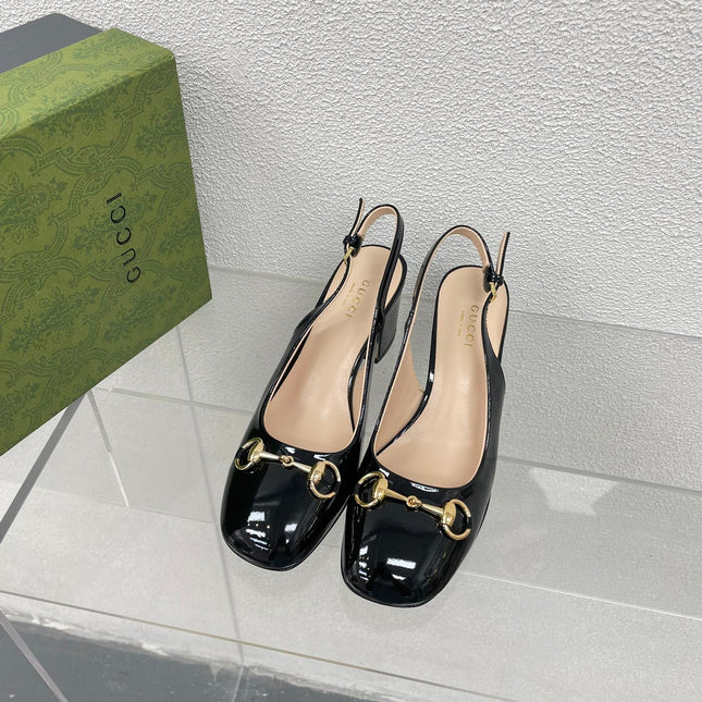 GG WOMEN'S HORSEBIT SLINGBACK 75MM IN BLACK CALFSKIN