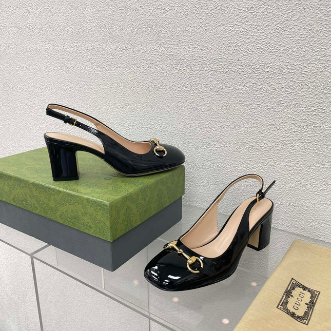 GG WOMEN'S HORSEBIT SLINGBACK 75MM IN BLACK CALFSKIN