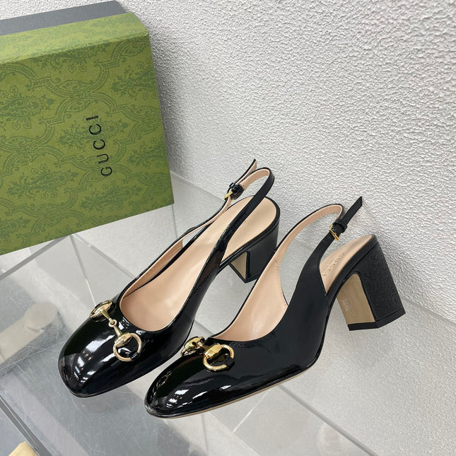 GG WOMEN'S HORSEBIT SLINGBACK 75MM IN BLACK CALFSKIN