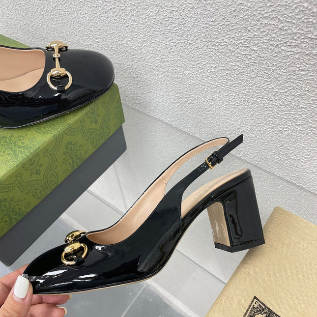 GG WOMEN'S HORSEBIT SLINGBACK 75MM IN BLACK CALFSKIN