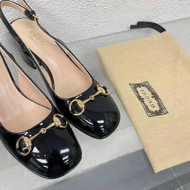 GG WOMEN'S HORSEBIT SLINGBACK 75MM IN BLACK CALFSKIN