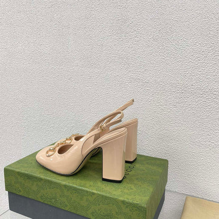 GG WOMEN'S HORSEBIT SLINGBACK 95MM IN TAN BEIGE CALFSKIN