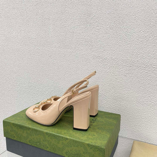 GG WOMEN'S HORSEBIT SLINGBACK 95MM IN TAN BEIGE CALFSKIN