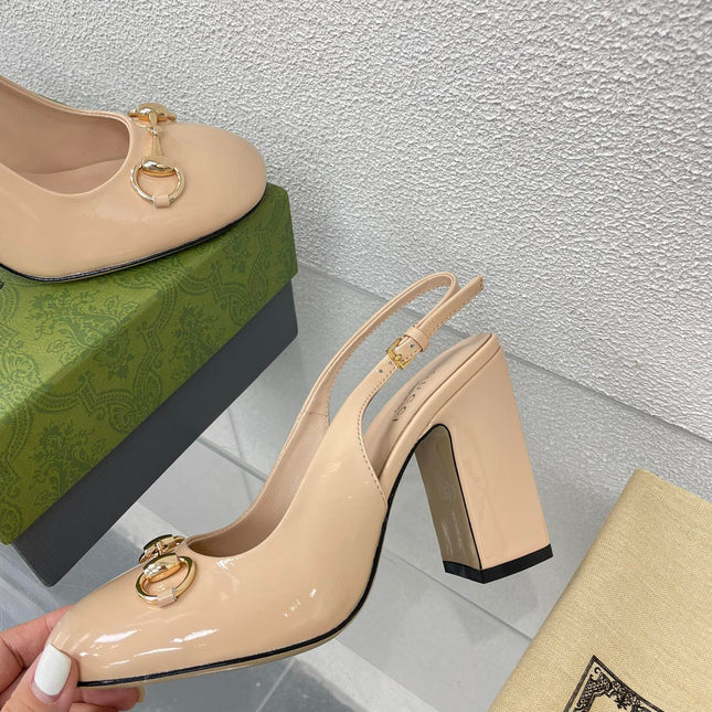 GG WOMEN'S HORSEBIT SLINGBACK 95MM IN TAN BEIGE CALFSKIN