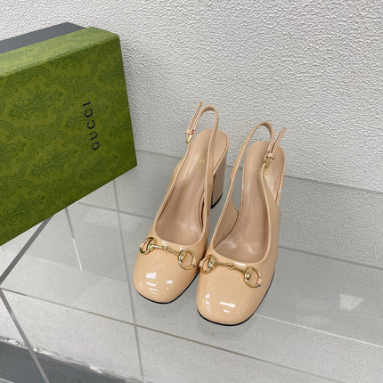 GG WOMEN'S HORSEBIT SLINGBACK 95MM IN TAN BEIGE CALFSKIN