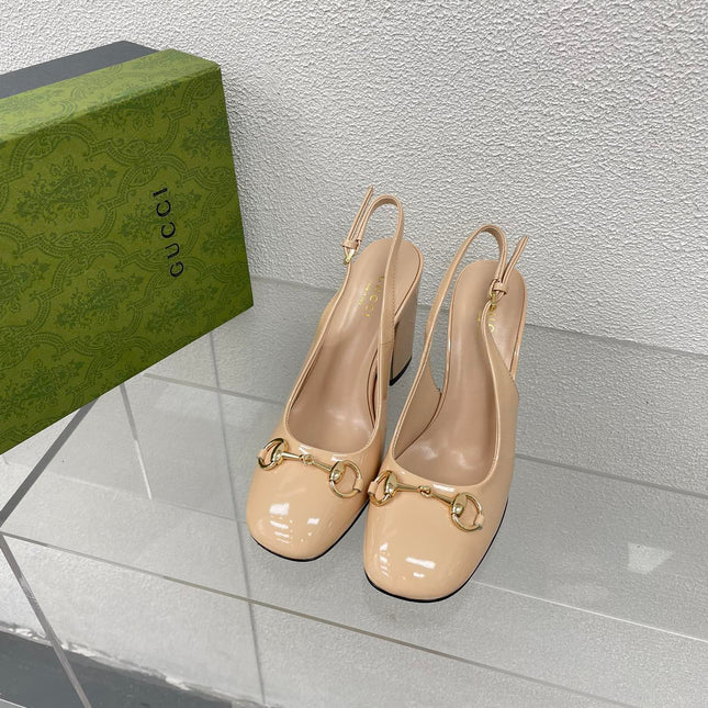 GG WOMEN'S HORSEBIT SLINGBACK 95MM IN TAN BEIGE CALFSKIN