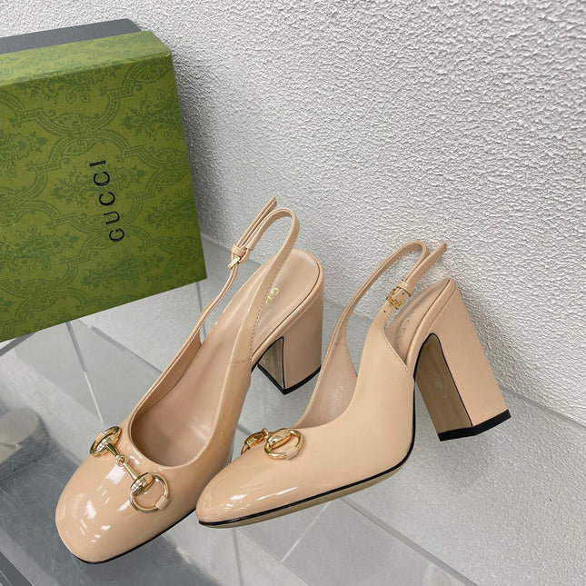 GG WOMEN'S HORSEBIT SLINGBACK 95MM IN TAN BEIGE CALFSKIN