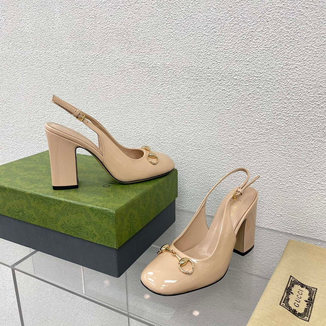 GG WOMEN'S HORSEBIT SLINGBACK 95MM IN TAN BEIGE CALFSKIN