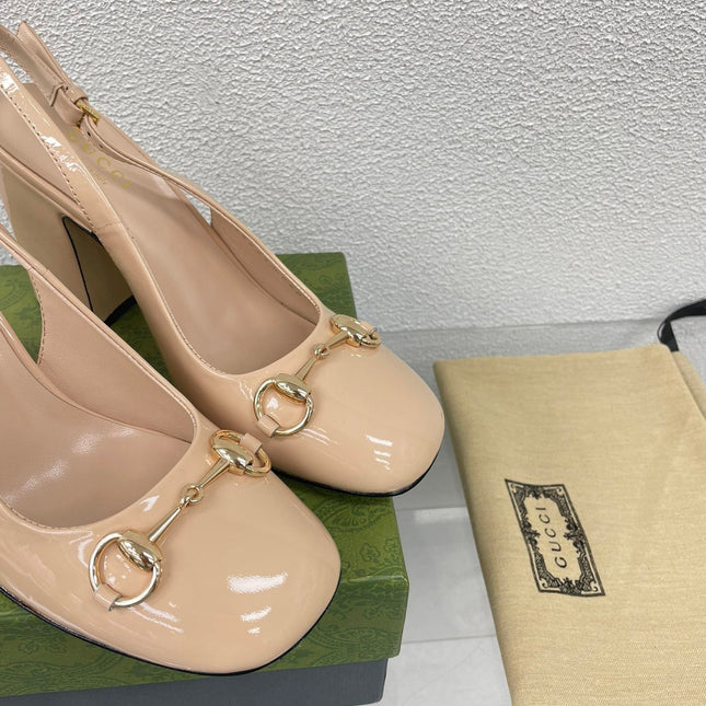 GG WOMEN'S HORSEBIT SLINGBACK 95MM IN TAN BEIGE CALFSKIN