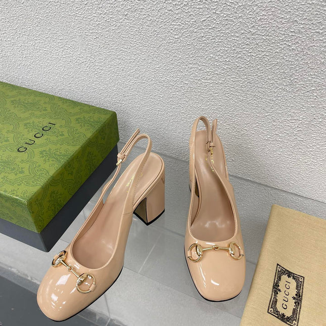 GG WOMEN'S HORSEBIT SLINGBACK 95MM IN TAN BEIGE CALFSKIN