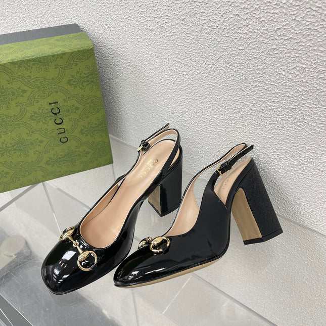 GG WOMEN'S HORSEBIT SLINGBACK 95MM IN BLACK CALFSKIN