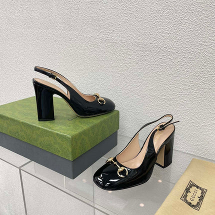 GG WOMEN'S HORSEBIT SLINGBACK 95MM IN BLACK CALFSKIN