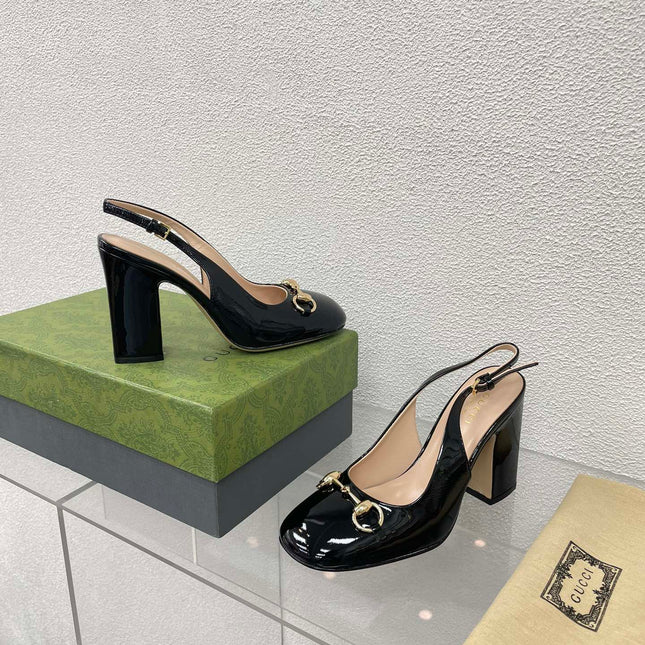 GG WOMEN'S HORSEBIT SLINGBACK 95MM IN BLACK CALFSKIN