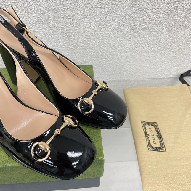 GG WOMEN'S HORSEBIT SLINGBACK 95MM IN BLACK CALFSKIN