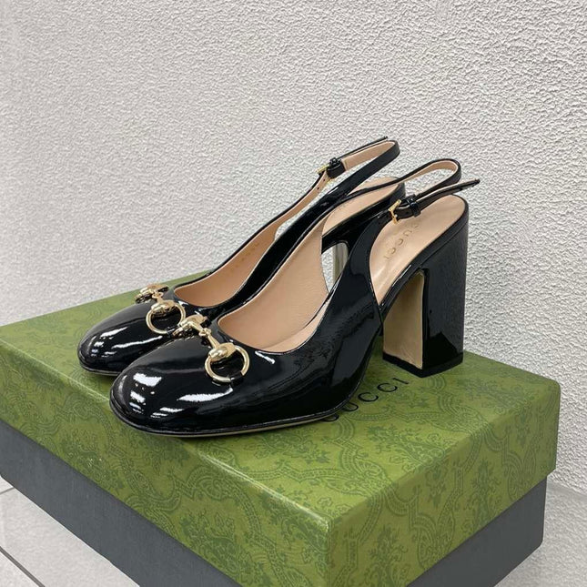 GG WOMEN'S HORSEBIT SLINGBACK 95MM IN BLACK CALFSKIN