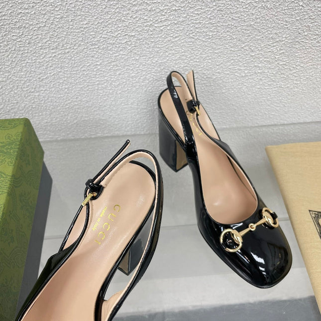 GG WOMEN'S HORSEBIT SLINGBACK 95MM IN BLACK CALFSKIN