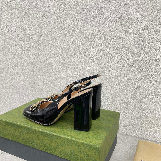 GG WOMEN'S HORSEBIT SLINGBACK 95MM IN BLACK CALFSKIN