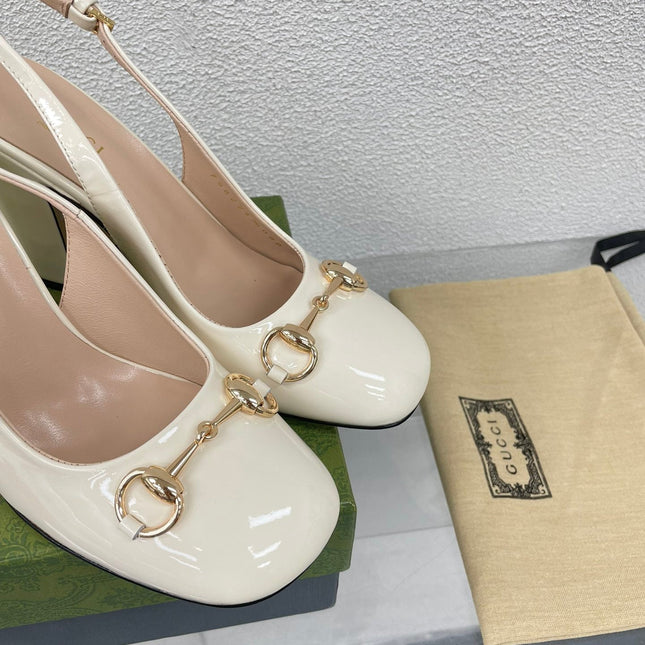 GG WOMEN'S HORSEBIT SLINGBACK 95MM IN WHITE CALFSKIN