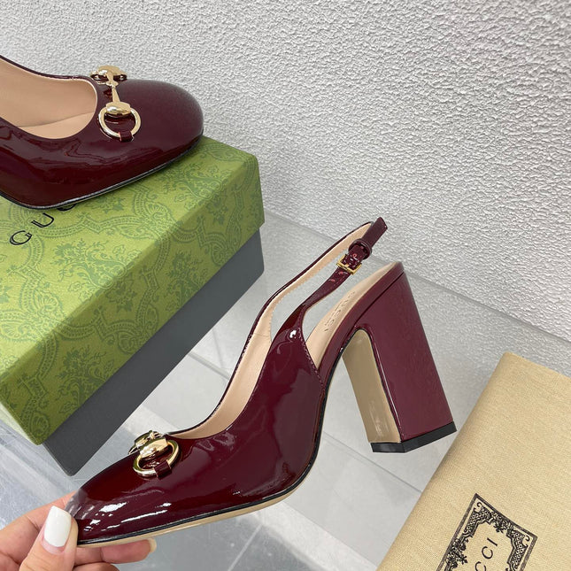 GG WOMEN'S HORSEBIT SLINGBACK 95MM IN WINE RED CALFSKIN