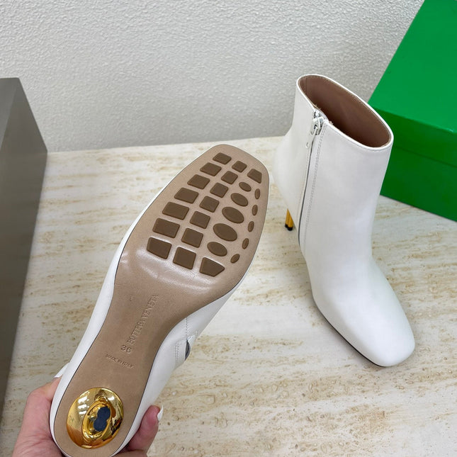 KNOT ANKLE BOOT IN WHITE CALFSKIN WITH GOLD METAL HEEL 9 CM