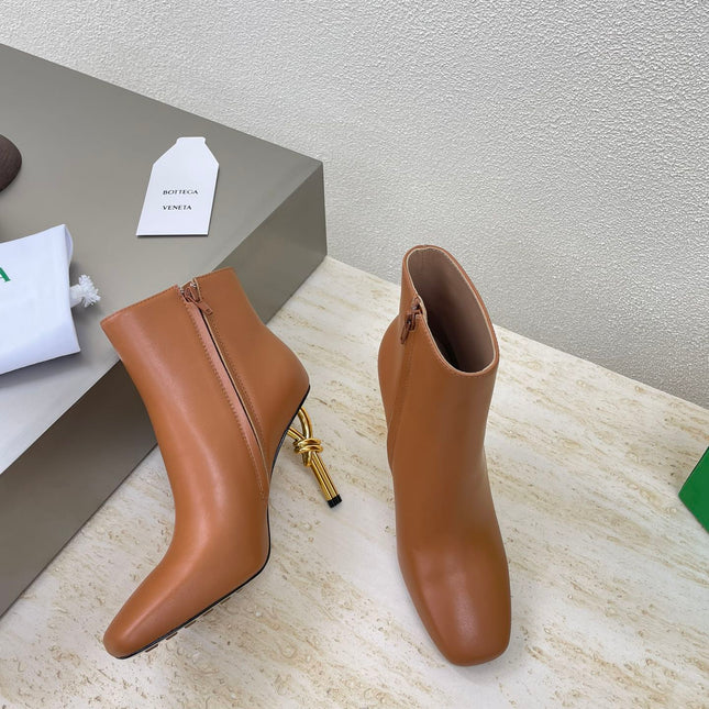 KNOT ANKLE BOOT IN BRONZE BROWN CALFSKIN WITH GOLD METAL HEEL 9 CM