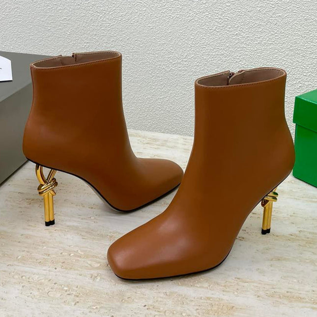 KNOT ANKLE BOOT IN BRONZE BROWN CALFSKIN WITH GOLD METAL HEEL 9 CM
