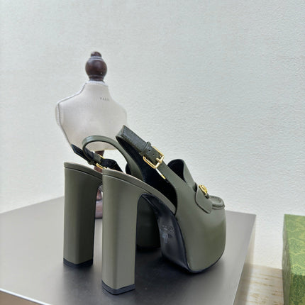 GG WOMEN'S HORSEBIT PLATFORM LOAFER SLINGBACK IN UNIFORM GREEN EMBOSSED CALFSKIN