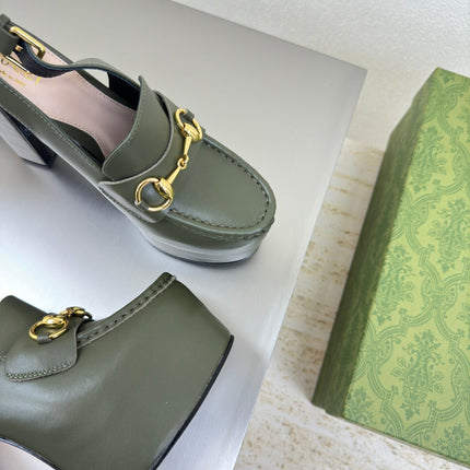 GG WOMEN'S HORSEBIT PLATFORM LOAFER SLINGBACK IN UNIFORM GREEN EMBOSSED CALFSKIN