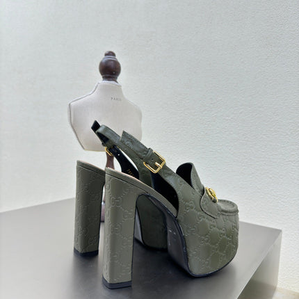 GG WOMEN'S HORSEBIT PLATFORM LOAFER SLINGBACK IN UNIFORM GREEN EMBOSSED CALFSKIN