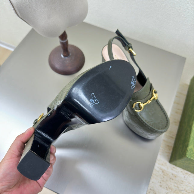 GG WOMEN'S HORSEBIT PLATFORM LOAFER SLINGBACK IN UNIFORM GREEN EMBOSSED CALFSKIN