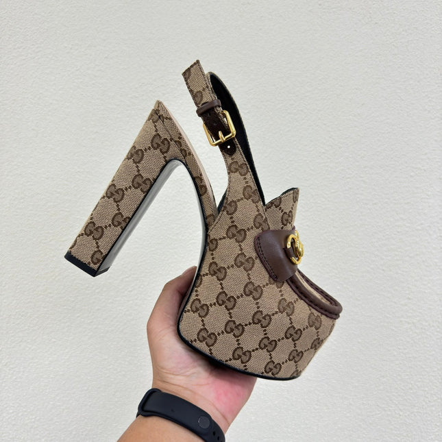 GG WOMEN'S HORSEBIT PLATFORM LOAFER SLINGBACK IN TAN BEIGE CANVAS