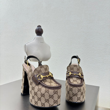 GG WOMEN'S HORSEBIT PLATFORM LOAFER SLINGBACK IN TAN BEIGE CANVAS