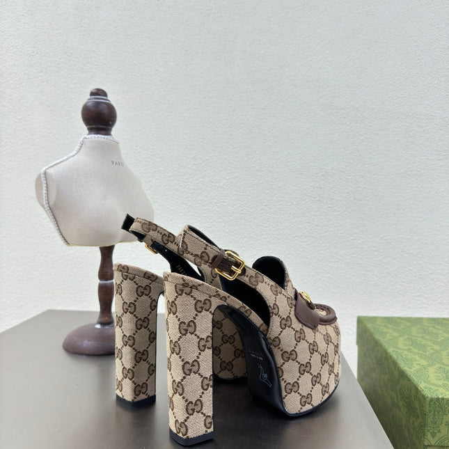 GG WOMEN'S HORSEBIT PLATFORM LOAFER SLINGBACK IN TAN BEIGE CANVAS