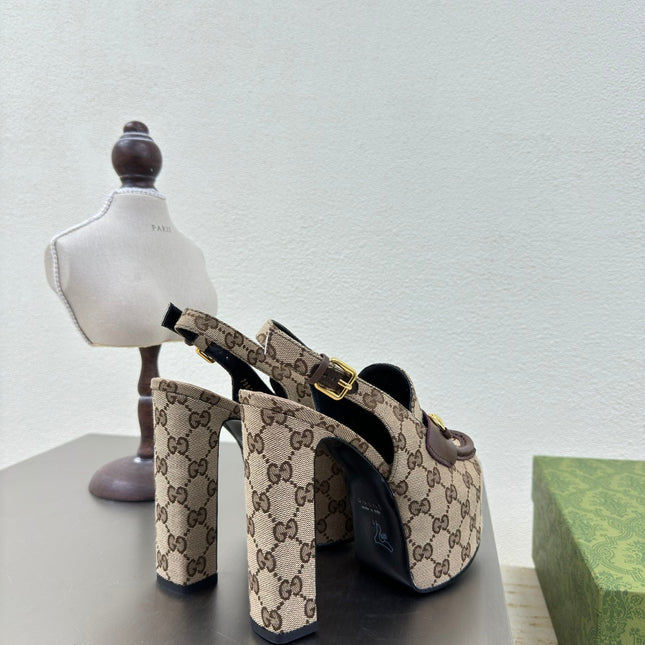 GG WOMEN'S HORSEBIT PLATFORM LOAFER SLINGBACK IN TAN BEIGE CANVAS