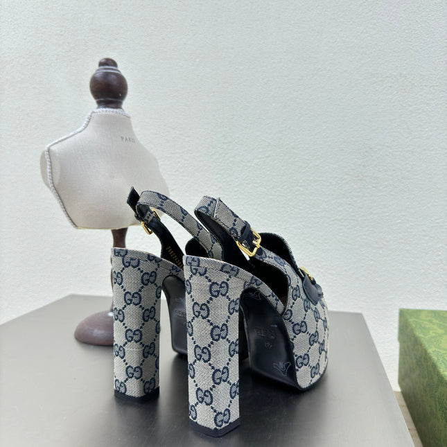 GG WOMEN'S HORSEBIT PLATFORM LOAFER SLINGBACK IN BEIGE AND BLUE CANVAS