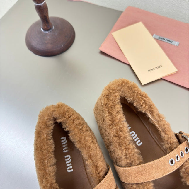 SHEARLING BALLET FLAT BROWN WITH SUEDE STRAP