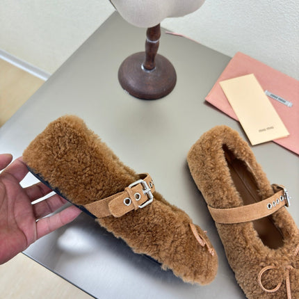 SHEARLING BALLET FLAT BROWN WITH SUEDE STRAP