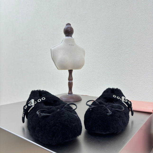 SHEARLING BALLET FLAT BLACK WITH SUEDE STRAP